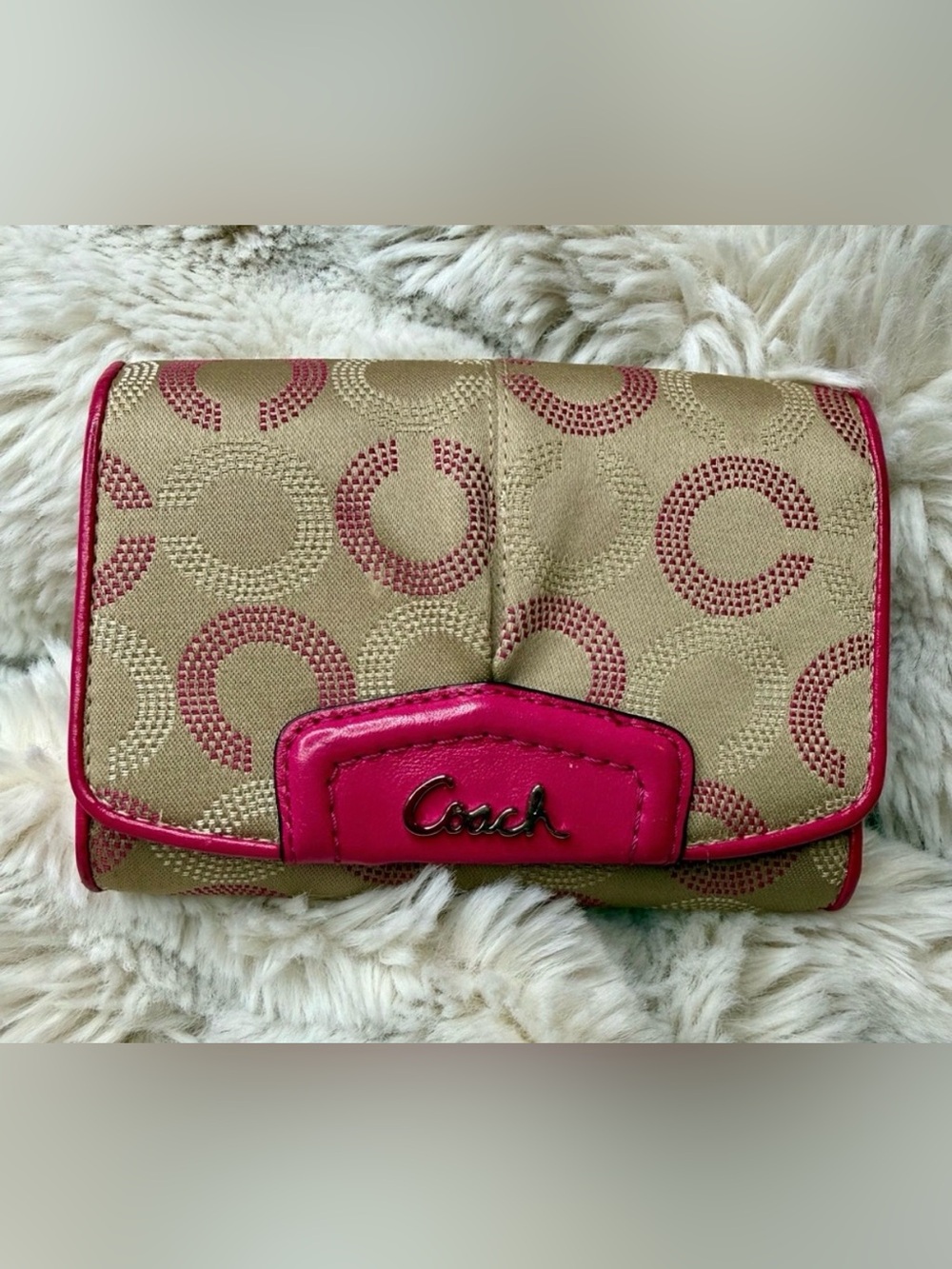Coach Beige and Pink Signature Canvas Wallet